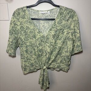 V neck Green Paisley Tie-Front Blouse